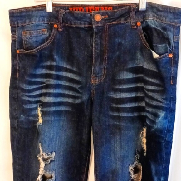 V.I.P JEANS Plus Size 14 Dark Blue Stone Washed Distress Holes Whiskering Boho - Picture 2 of 13